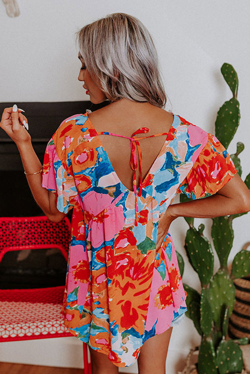 Sky Blue Boho Abstract Print V Neck Flutter Sleeve Blouse