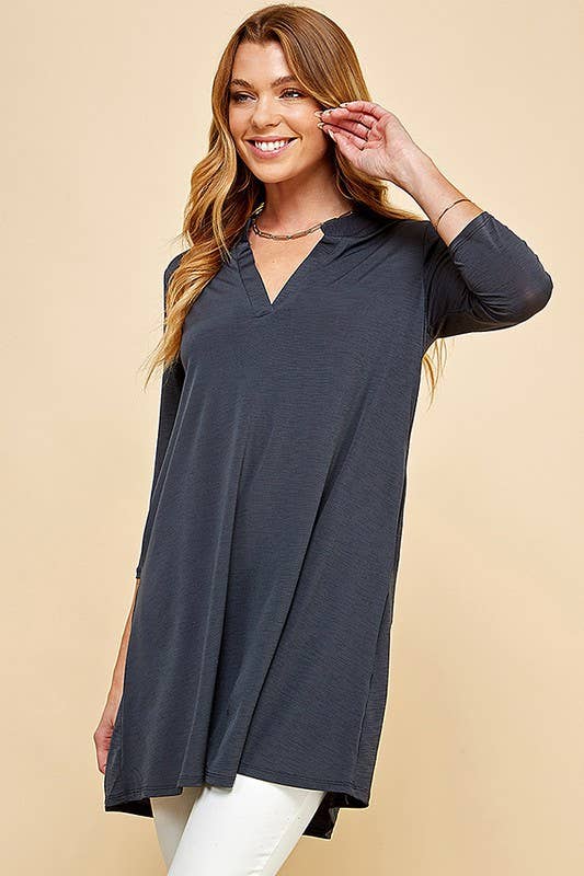 Shopin LA - Q2019D- WOMEN SOLID 3/4 SLEEVE MOCK V NECK TUNIC DRESS