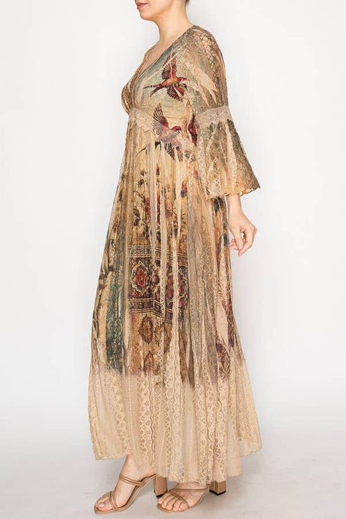 Origami Apparel ~  Lace and Crochet inspired - Romantic Lace Bell-Sleeved A-Line Midi Dress - 4658TP VINT BIRD