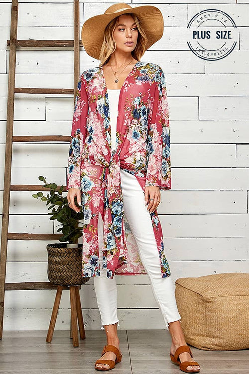 Shopin LA - SG21050AP - PLUS FLORAL PRINT MESH KIMONO WITH SIDE SLIT