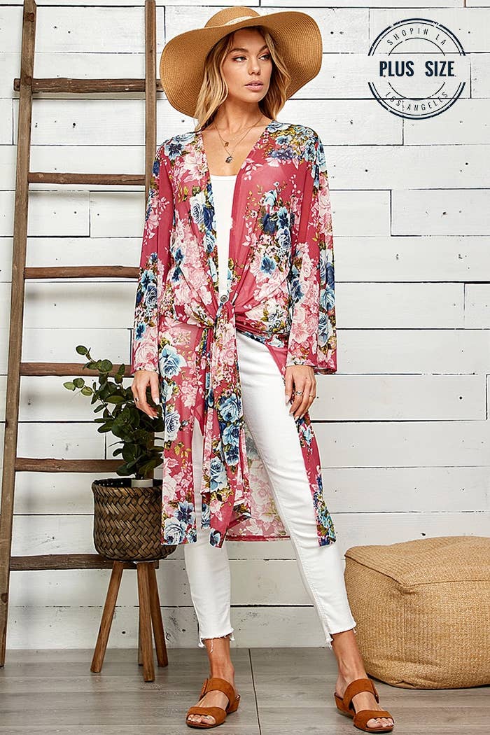 Shopin LA - SG21050AP - PLUS FLORAL PRINT MESH KIMONO WITH SIDE SLIT