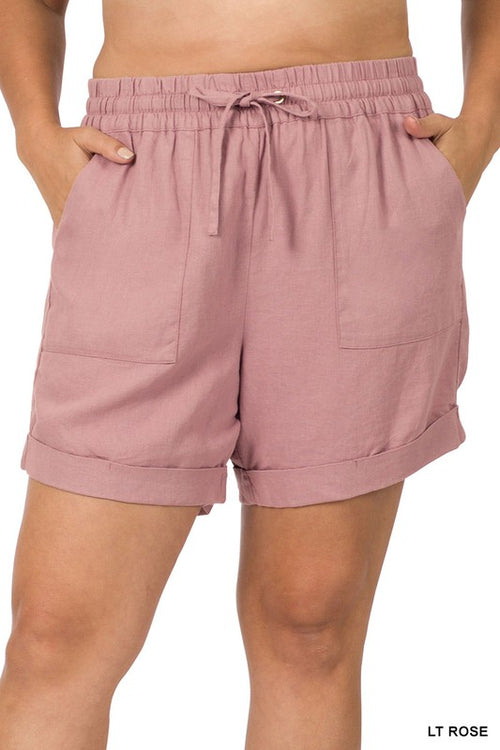 PLUS LINEN DRAWSTRING-WAIST SHORTS WITH POCKETS