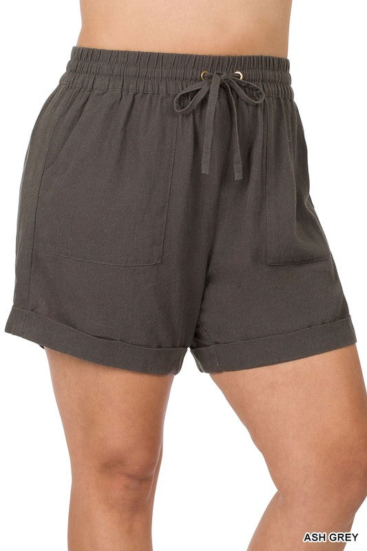 PLUS LINEN DRAWSTRING-WAIST SHORTS WITH POCKETS