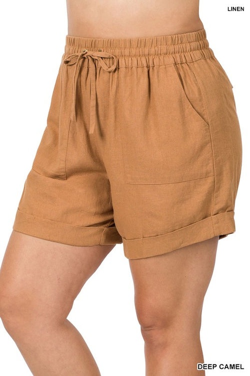 PLUS LINEN DRAWSTRING-WAIST SHORTS WITH POCKETS