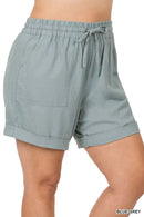 PLUS LINEN DRAWSTRING-WAIST SHORTS WITH POCKETS