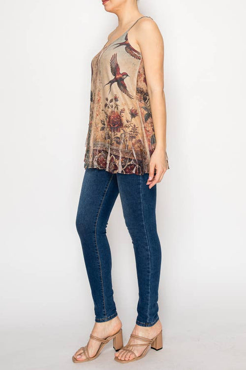 Origami Apparel ~  Lace and Crochet inspired - Adjustable Relaxed Cami Tank With Layered Ruffled Trim - T14TP VINT BIRD