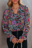 Multicolor Floral Boho Tie V Neck Peasant Blouse
