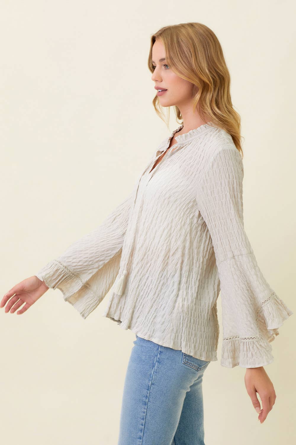 Mystree - 57645 Crinkle Bell Sleeve Blouse