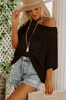 Apricot Fishnet Knit Ribbed Round Neck Short Sleeve Tee