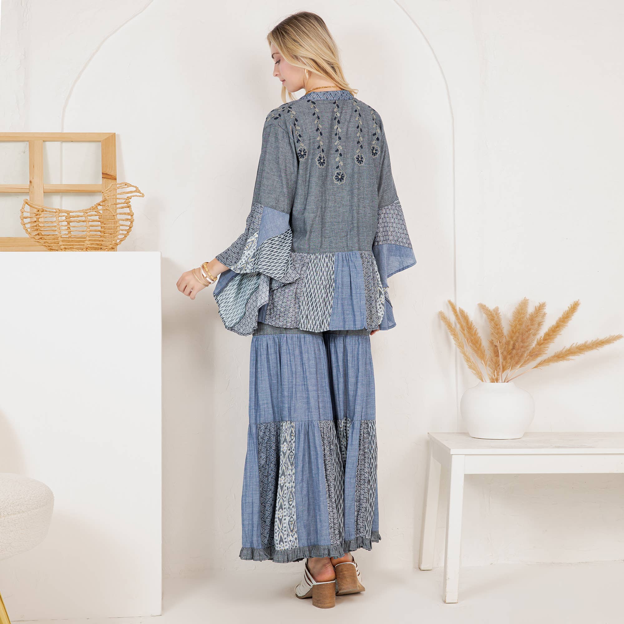 Young Threads - Boho Glam Set: Embroidered Kimono & Printed Knit Pants