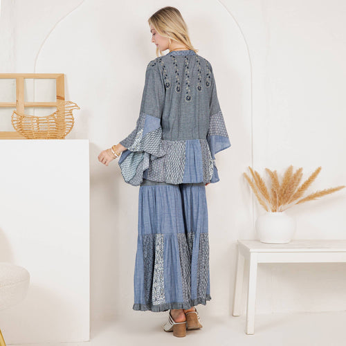 Young Threads - Boho Glam Set: Embroidered Kimono & Printed Knit Pants