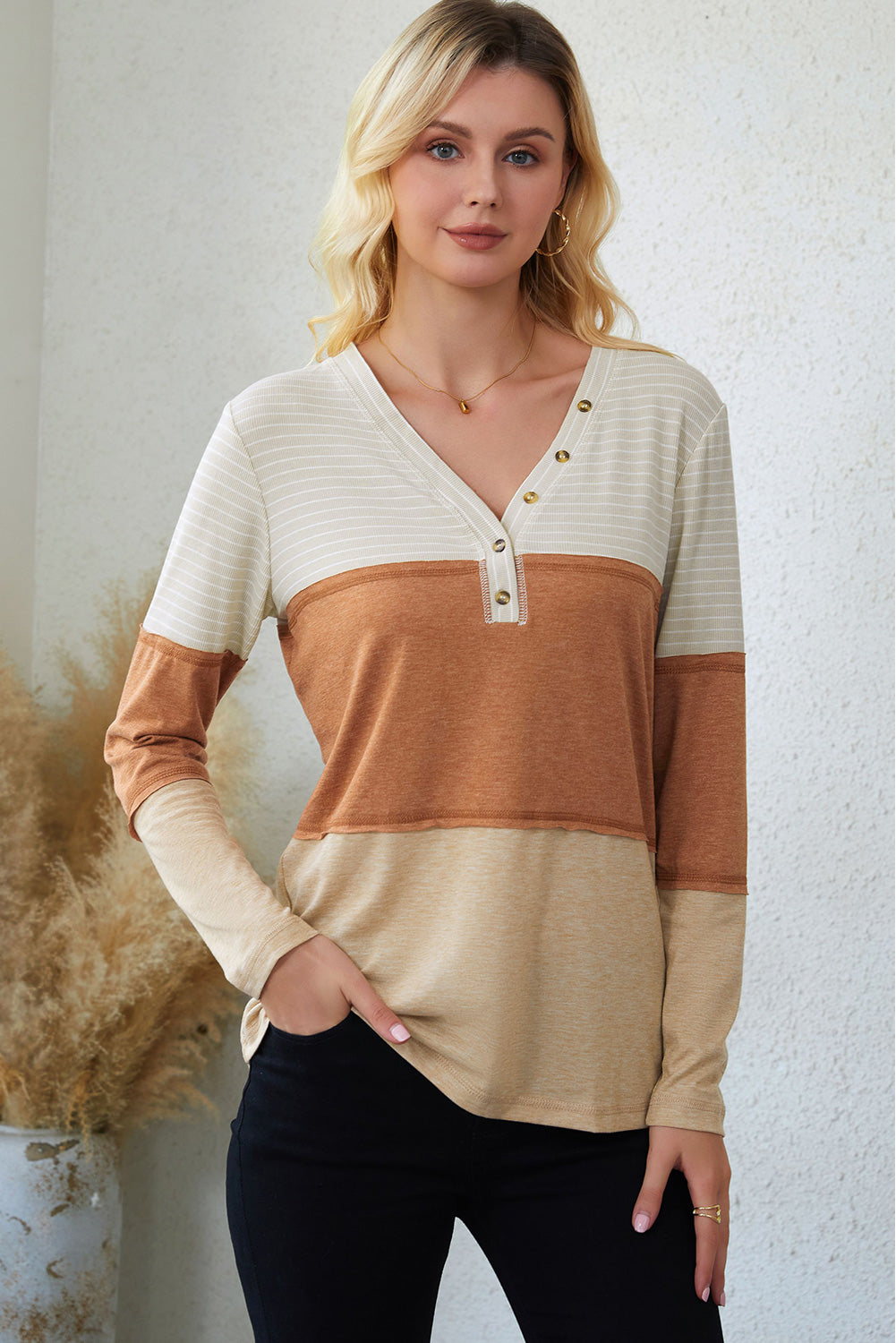 Orange Striped Color Block Casual V Neck Henley Top