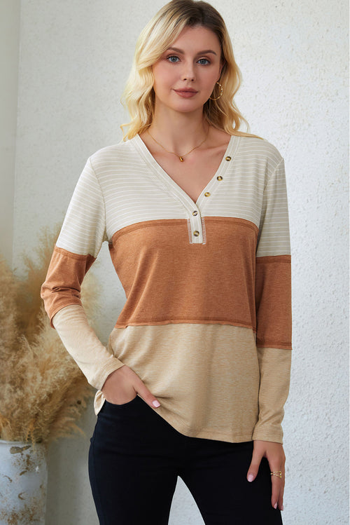 Orange Striped Color Block Casual V Neck Henley Top
