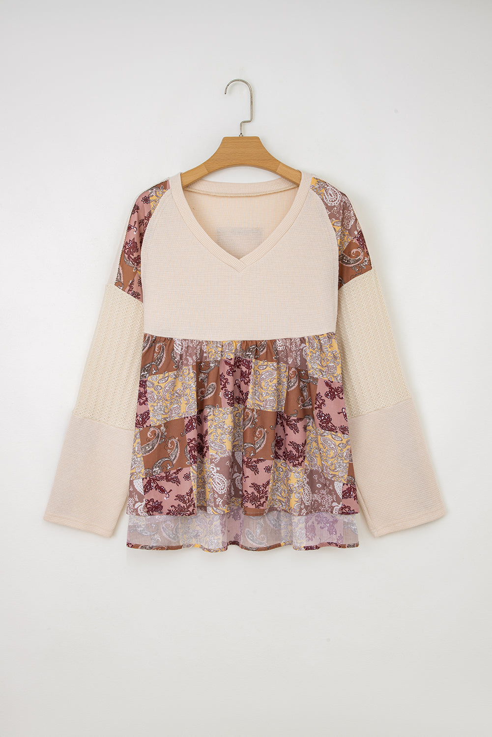 Beige Paisley Ethnic Print Waffle Patchwork Long Sleeve Loose Top
