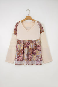 Beige Paisley Ethnic Print Waffle Patchwork Long Sleeve Loose Top