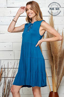 Shopin LA - SPD7008P  PLUS SOLID SLEEVELESS FRONT LACE TIERED DRESS