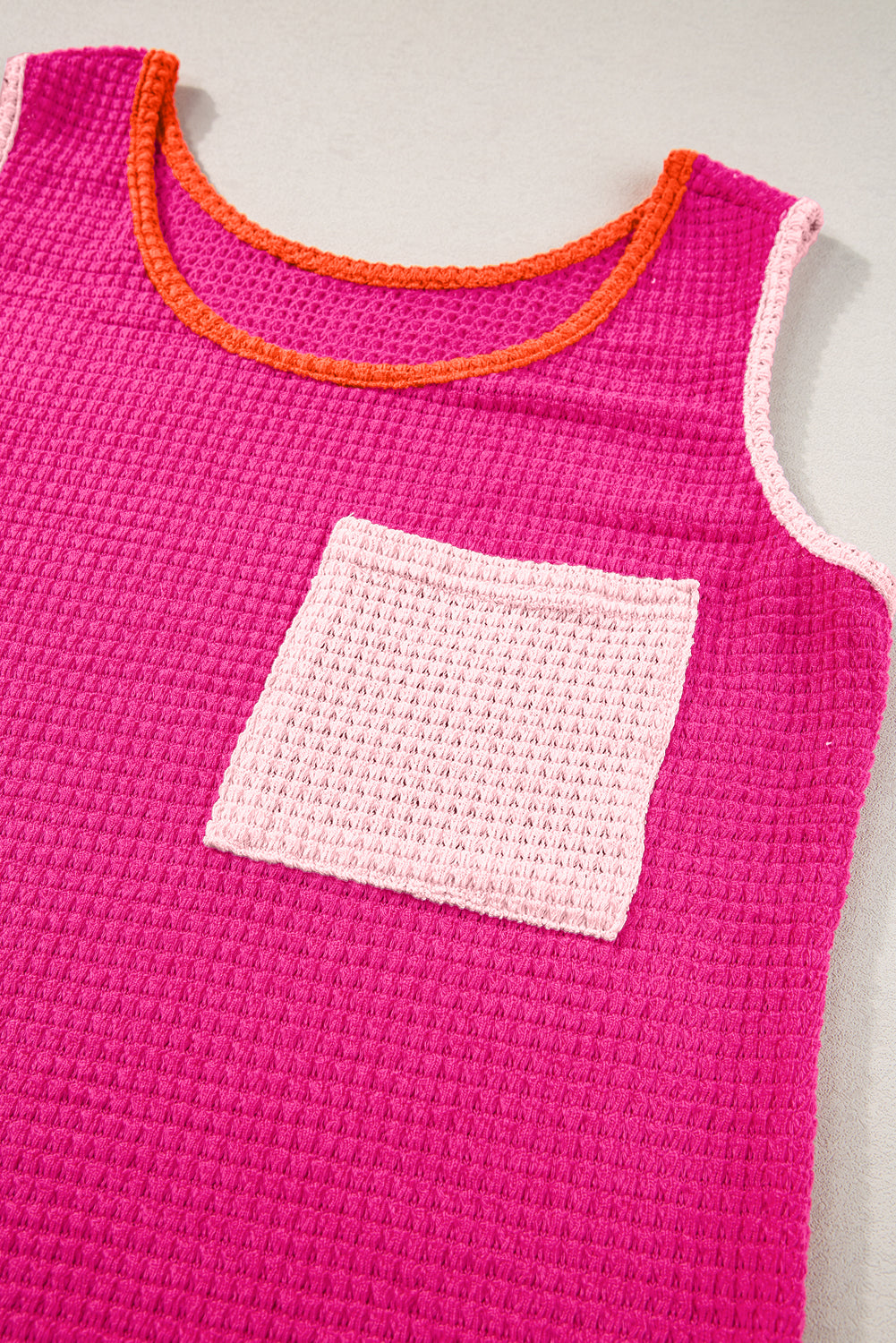 Rose Red Color Block Patched Pocket Waffle Knit Tank Top