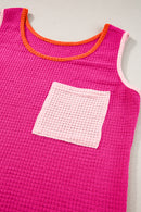 Rose Red Color Block Patched Pocket Waffle Knit Tank Top