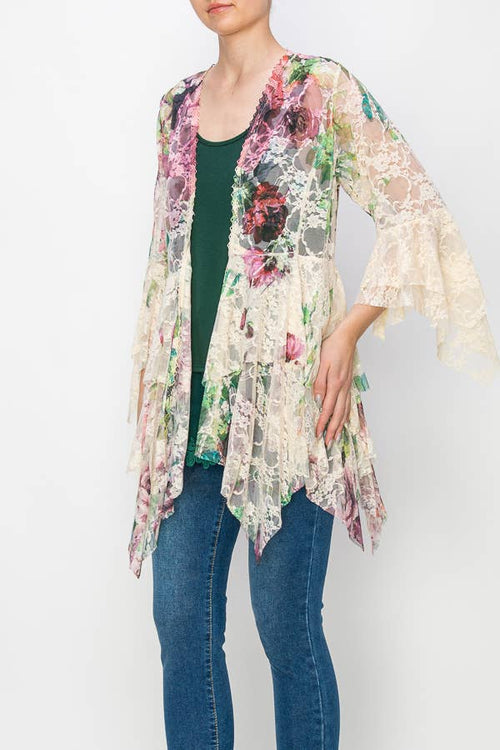 Origami Apparel ~  Lace and Crochet inspired - OLS-4618 BG/BIG ROSE CARDIGAN