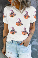 White Pumpkin Witch Sequins Patch Halloween Graphic Tee
