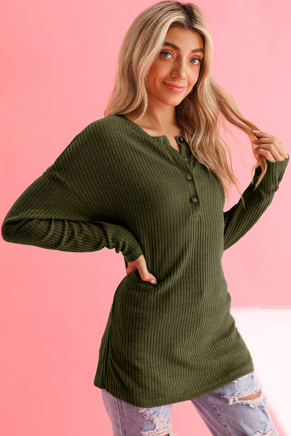 Khaki Drop Shoulder Ribbed Knit Long Sleeve Henley Top