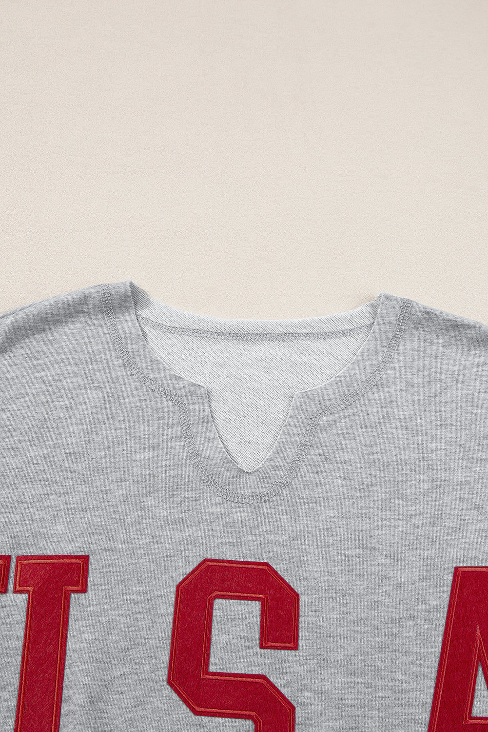 Light Grey USA Letter Patch Notched Neck Loose Tee