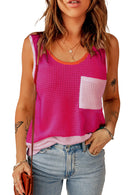 Rose Red Color Block Patched Pocket Waffle Knit Tank Top