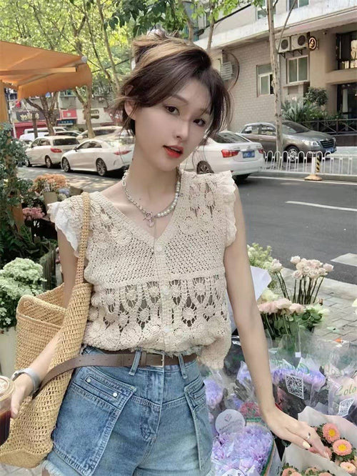Hope & Sunshine - Crochet Lace-Up Open Knit Cardigan