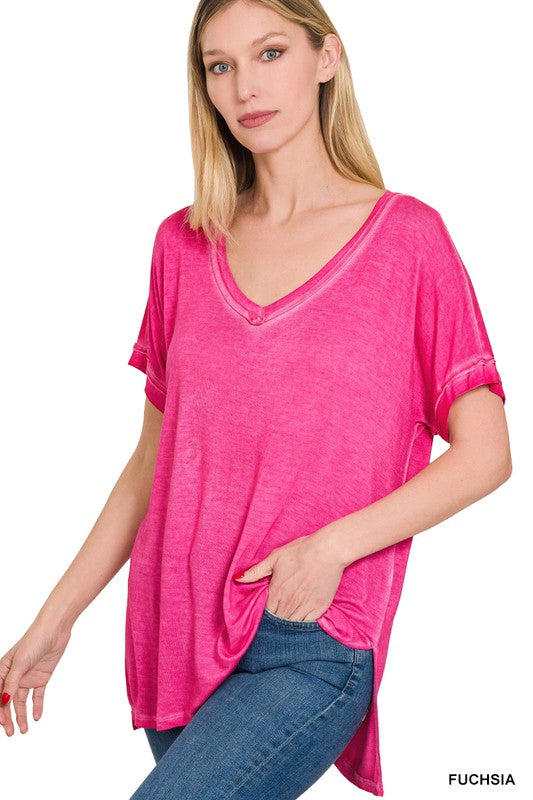 Washed Short Sleeve V-Neck Top W/ Hi-Low Hem