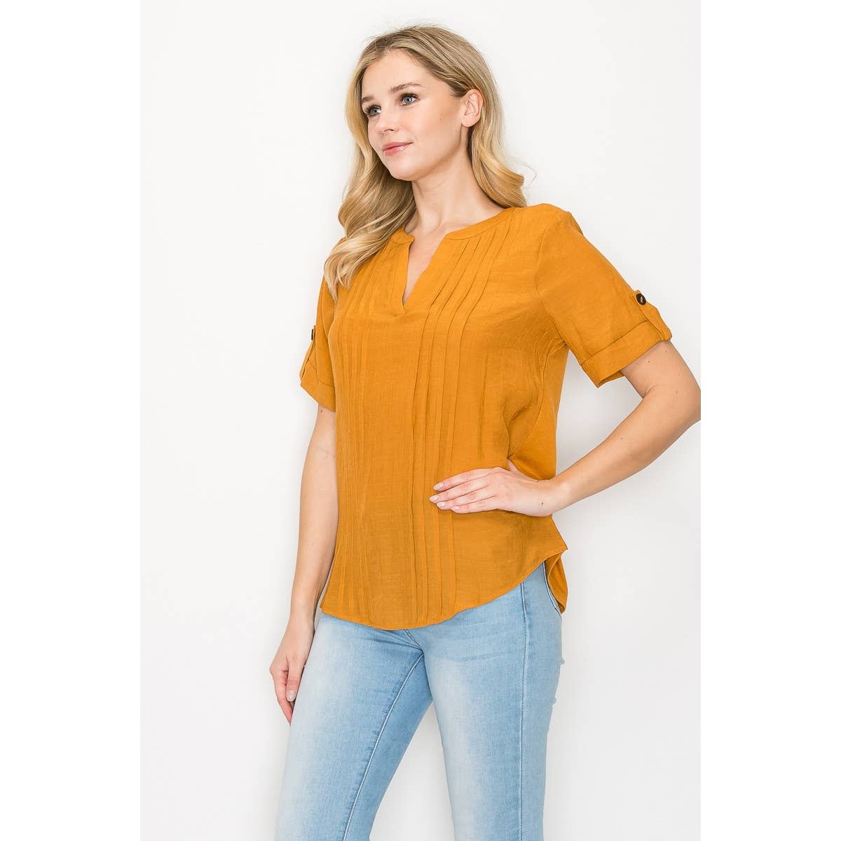 Perseption - Pintuck Front Roll Tab Short Sleeve Mandarin Shirt