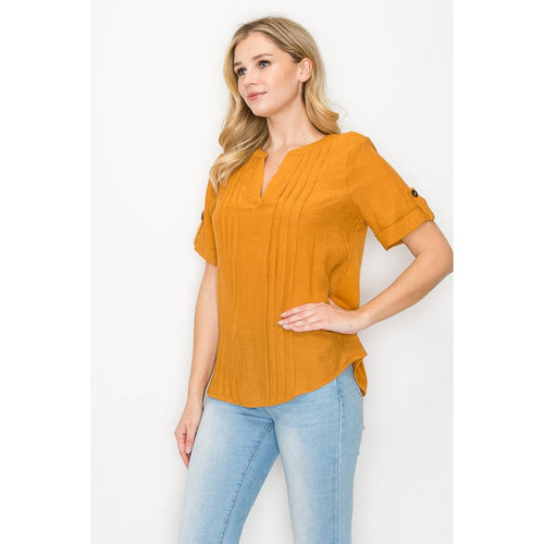 Perseption - Pintuck Front Roll Tab Short Sleeve Mandarin Shirt