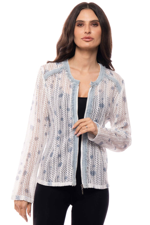 Adore - L3702-2 Sheer Knit Zip-Front Jacket with Denim Trim