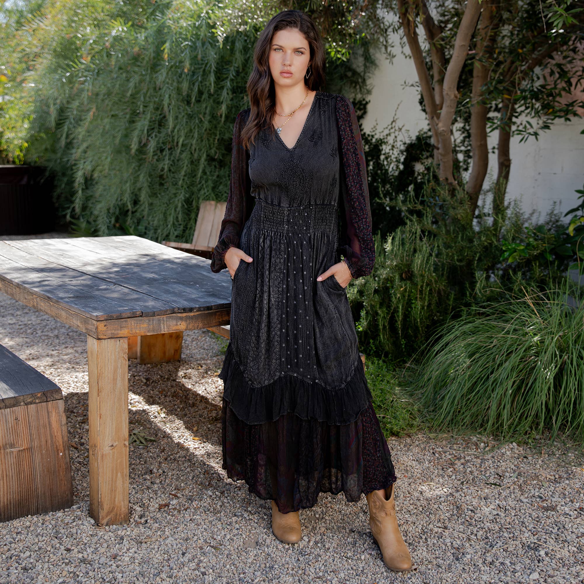 Young Threads - Boho Embroidered Ruffle Maxi Smocked Dress with Sheer Sleeve