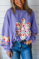 Peach Blossom Flower Applique Patchwork Drop Sleeve Pullover Sweatshirt