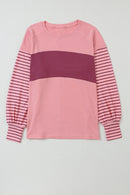 Khaki Colorblock Striped Bishop Sleeve Side Slits Top
