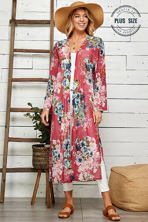 Shopin LA - SG21050AP - PLUS FLORAL PRINT MESH KIMONO WITH SIDE SLIT