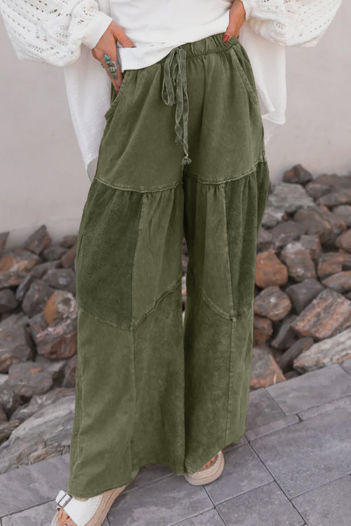 Mineral Wash Tiered Wide Leg Patchwork Drawstring Pants