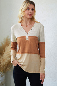 Orange Striped Color Block Casual V Neck Henley Top