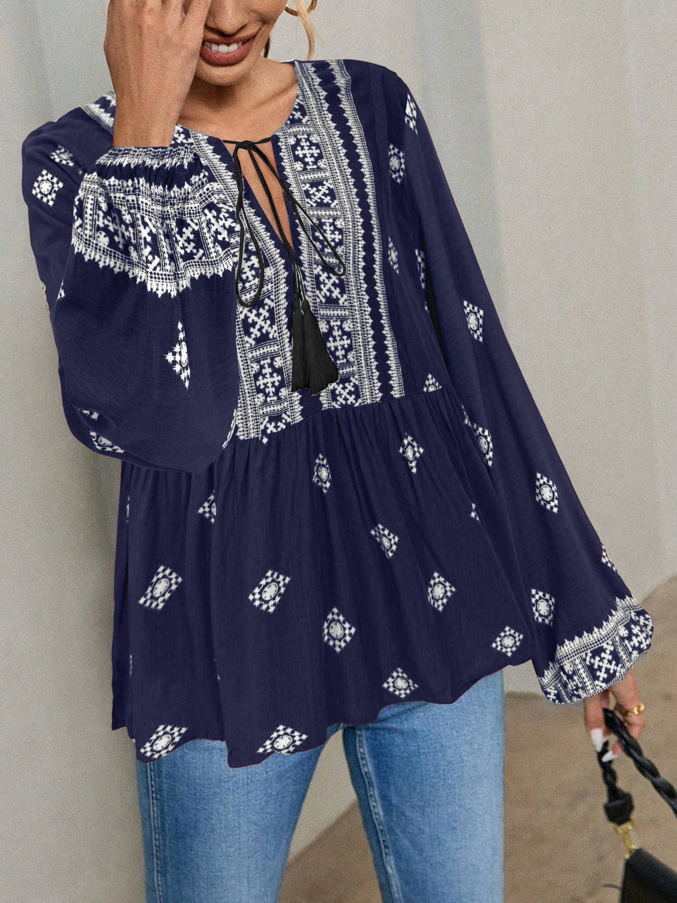 Hope & Sunshine - Boho Lantern Sleeve Tie-Neck Blouse