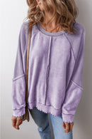 Orchid Petal Waffle Patchwork Raglan Sleeve Exposed Seam Sweatshirt