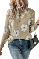Pink Vintage 60s Floral Pattern Half Zip Collar Drop Shoulder Sweater