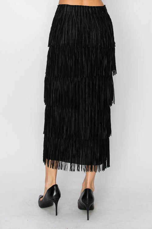 Origami Apparel ~  Multi Layered Fringed Black Midi Skirt - OLS-4794BK
