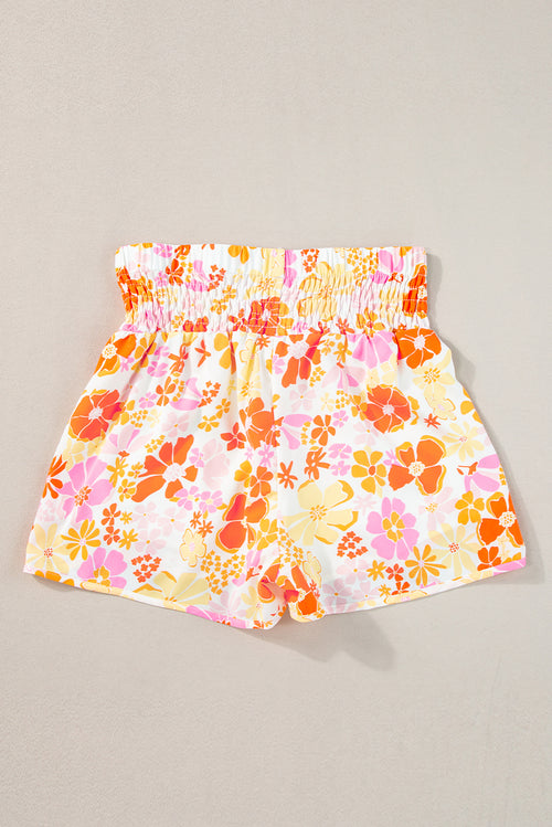 Pink Boho Floral Shirred High Waist Athletic Shorts