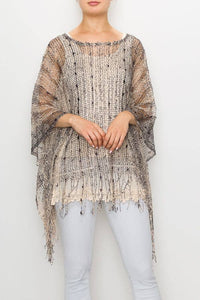 Origami Apparel ~  Lace and Crochet inspired - MESH WITH SEQUIN PONCHO TOP-Y62BG/2BROWN