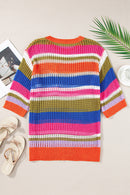 Pink Striped Color Block Hollow Crochet 3/4 Sleeve T Shirt