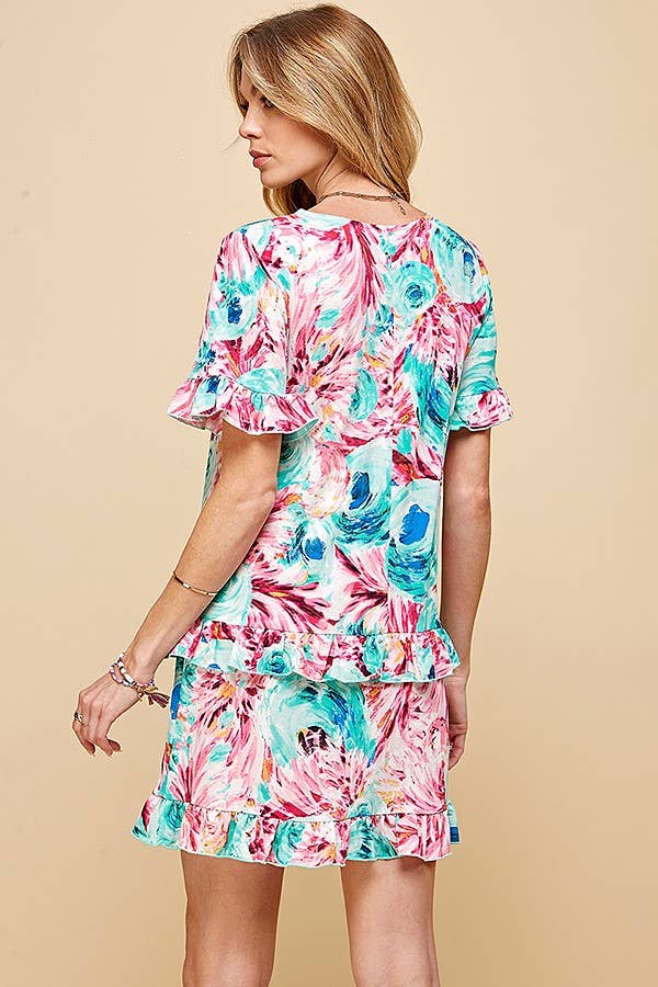 Shopin LA - .SD21025-1011 WOMEN FLORAL SHORT SLV MIDI DRESS WITH RUFFLE