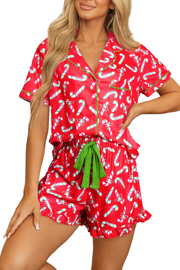 Red Christmas Candy Cane Print Pajama Set