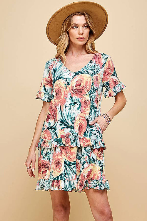 Shopin LA - SD21025-1011 - WOMEN FLORAL SHORT SLV MIDI DRESS WITH RUFFLE