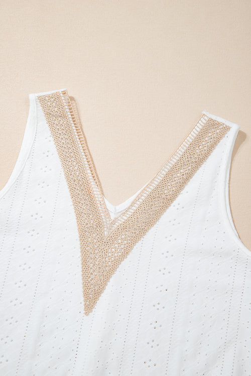 White Lace Crochet Splicing Eyelet V Neck Tank Top