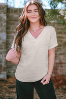 Pale Khaki Solid Color V-Neck Textured Blouse